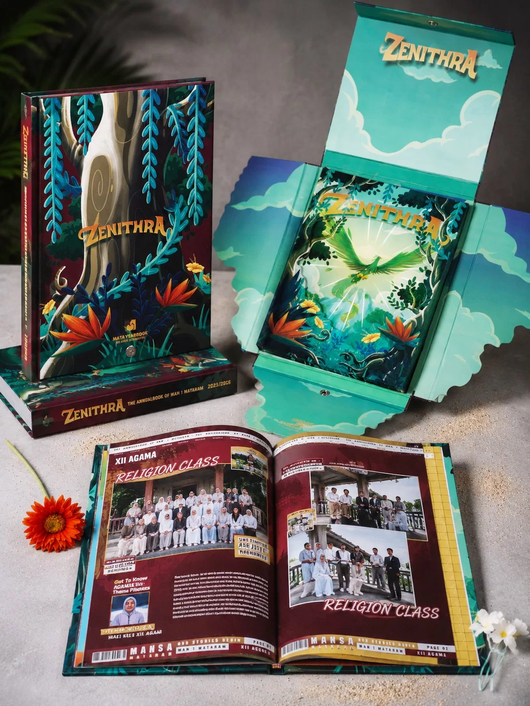 Buku tahunan MAN 1 Mataram 2025/2026 bertema Zenithra. Menampilkan kover ilustrasi burung dan daun, kemasan box custom yang terbuka, serta halaman dalam yang memuat profil kelas XII Agama.